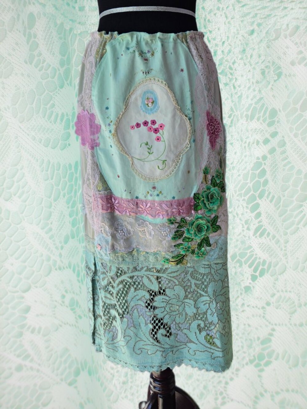 Handmade Sage Green Skirt Lace Embroideries Coquette Cottage Romantic